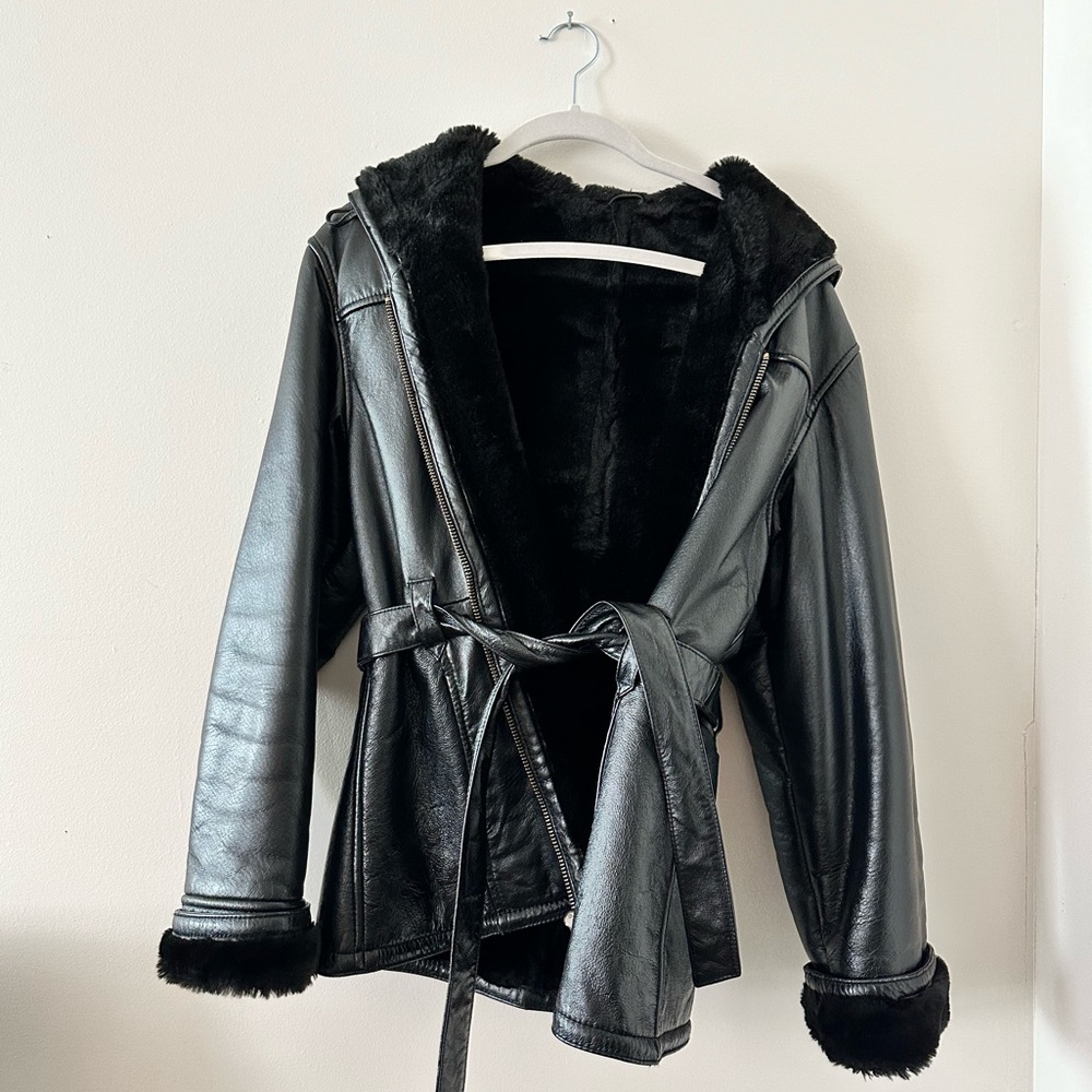 Black Faux Fur Faux Leather Jacket